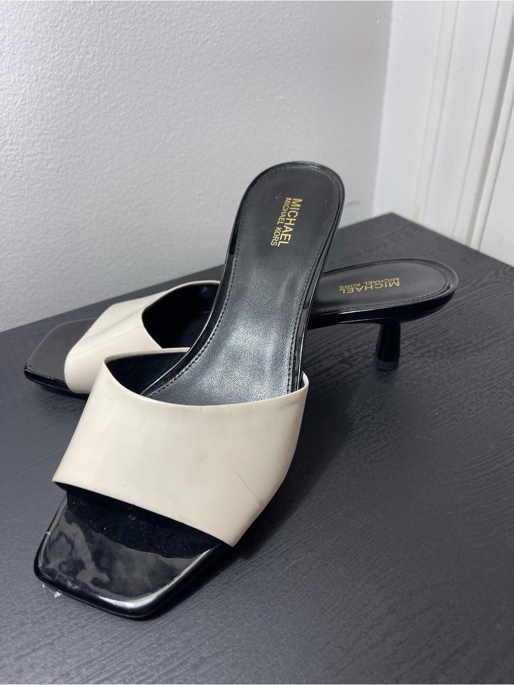 MICHAEL Michael Kors Two-Tone Patent Leather Kitten Heel Mules